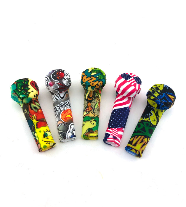 3.5" Silicone Printed Flat Mouth Hand Pipes (Pack of 5) - SmokeZone 420