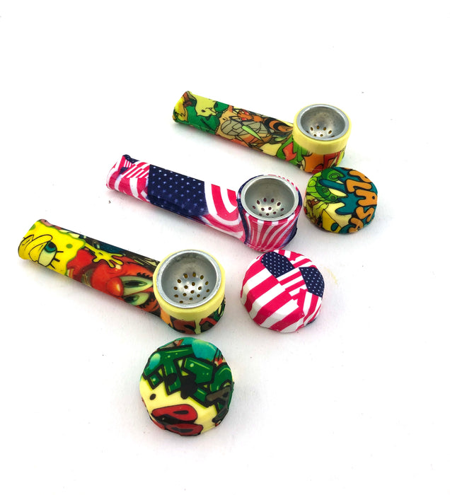 3.5" Silicone Printed Flat Mouth Hand Pipes (Pack of 5) - SmokeZone 420